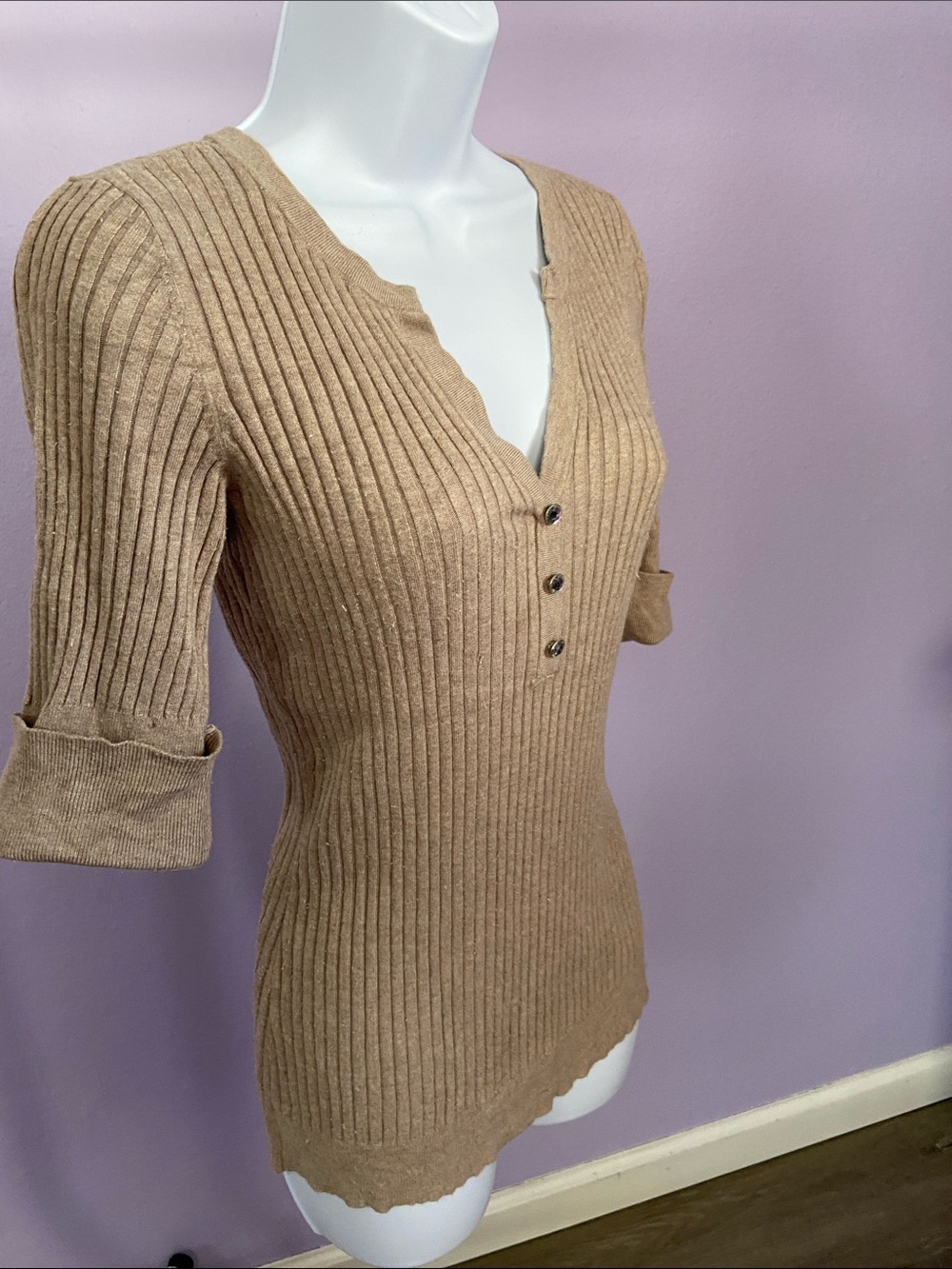 INC International Concepts Tan Ribbed V-Neck Button Sweater